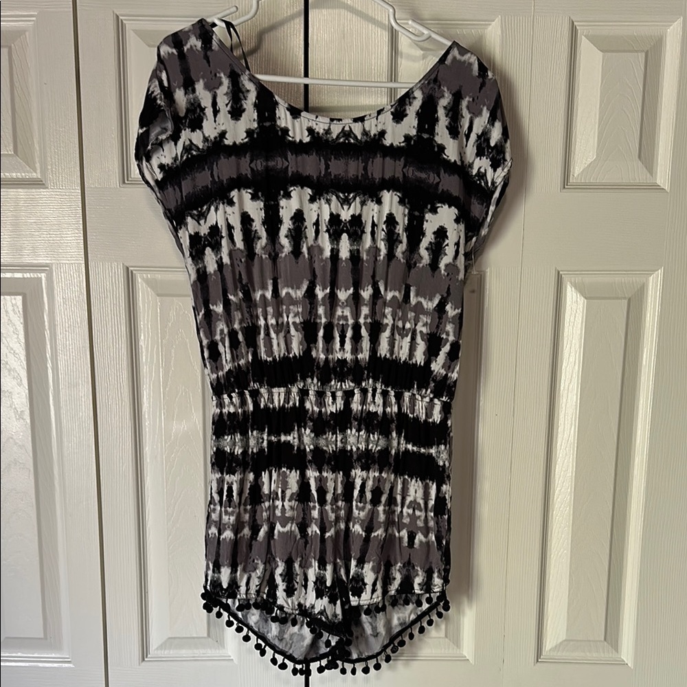 Mimi Chica Black and White Tie-Dye Romper with Pom poms